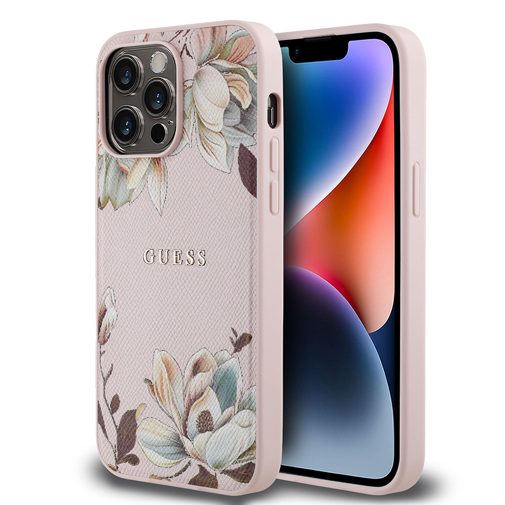 Guess iPhone 14 Pro Max Orjinal Lisanslı M-safe Şarj Özellikli Taneli Çiçek Tasarımlı Metal Yazı Logolu Kılıf