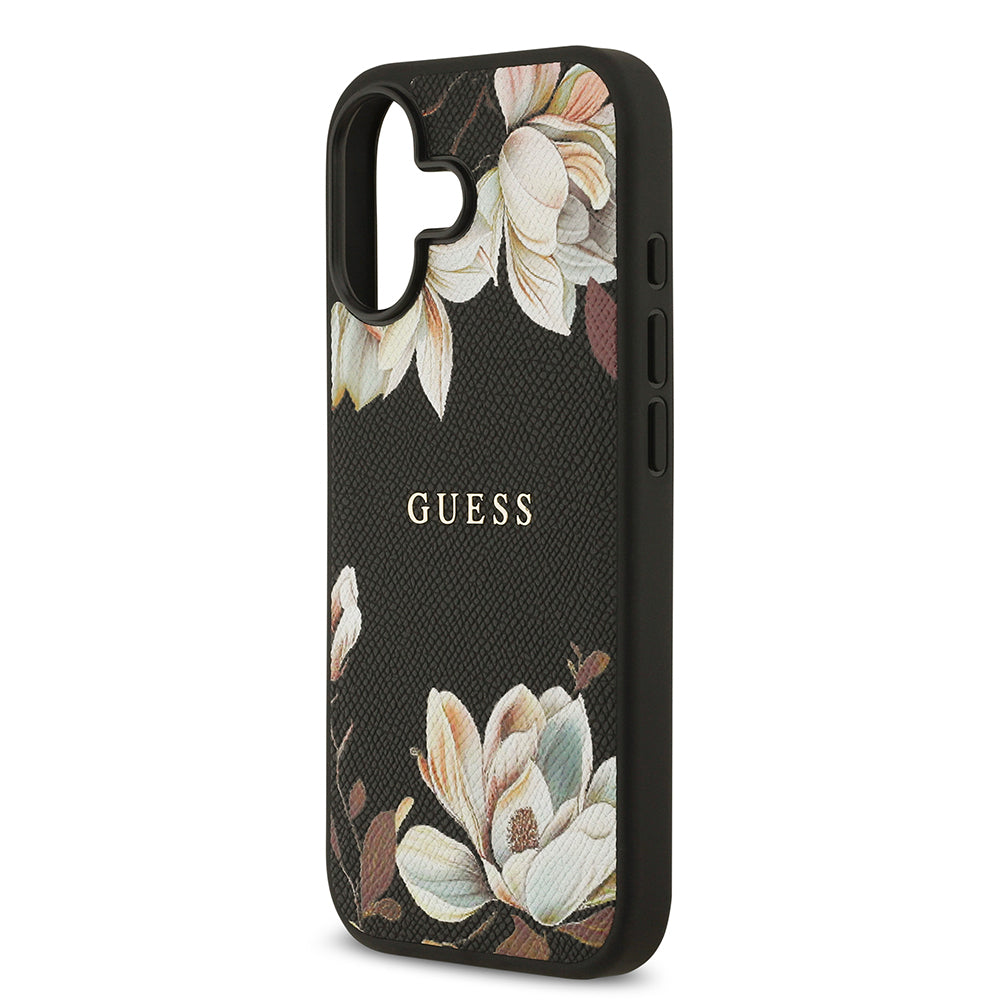 Guess iPhone 17 Orjinal Lisanslı M-safe Şarj Özellikli Taneli Çiçek Tasarımlı Metal Yazı Logolu Kılıf