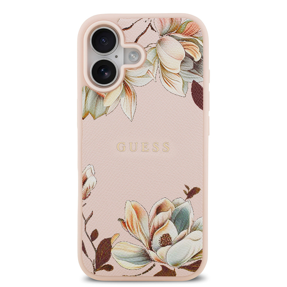 Guess iPhone 17 Orjinal Lisanslı M-safe Şarj Özellikli Taneli Çiçek Tasarımlı Metal Yazı Logolu Kılıf