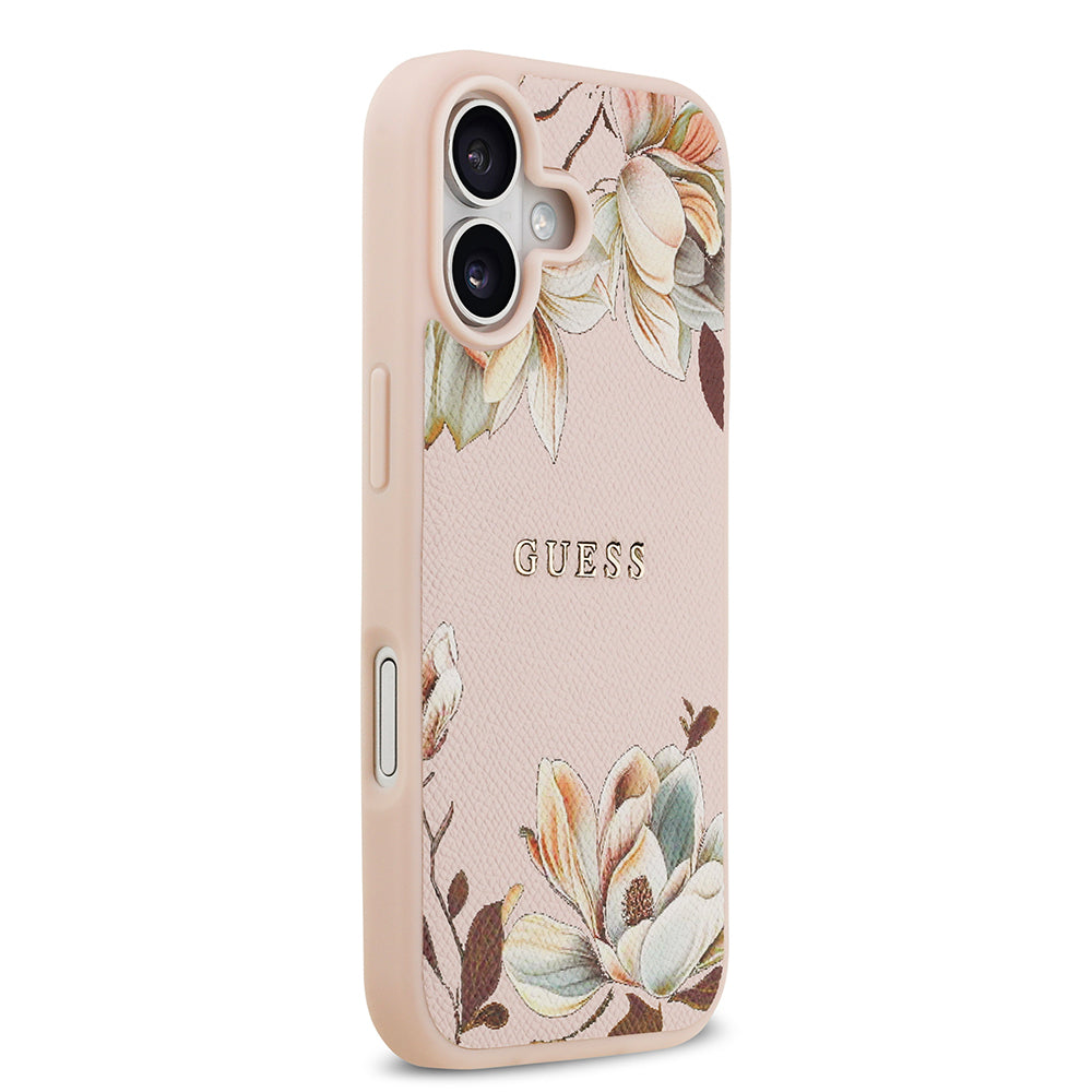 Guess iPhone 17 Orjinal Lisanslı M-safe Şarj Özellikli Taneli Çiçek Tasarımlı Metal Yazı Logolu Kılıf