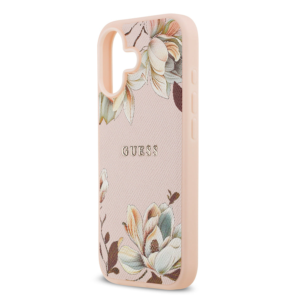 Guess iPhone 17 Orjinal Lisanslı M-safe Şarj Özellikli Taneli Çiçek Tasarımlı Metal Yazı Logolu Kılıf