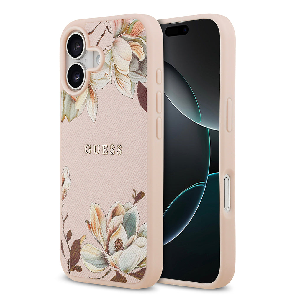 Guess iPhone 17 Orjinal Lisanslı M-safe Şarj Özellikli Taneli Çiçek Tasarımlı Metal Yazı Logolu Kılıf