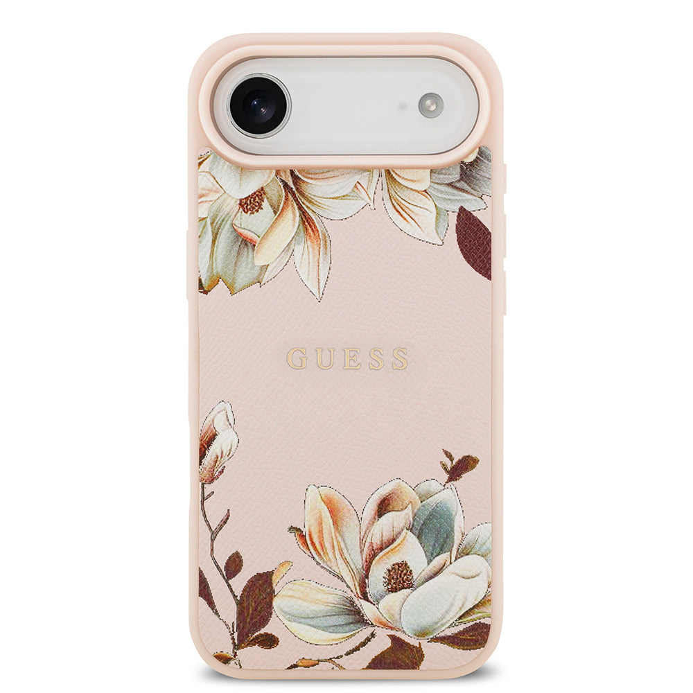 Guess iPhone 17 Air Orjinal Lisanslı M-safe Şarj Özellikli Taneli Çiçek Tasarımlı Metal Yazı Logolu Kılıf