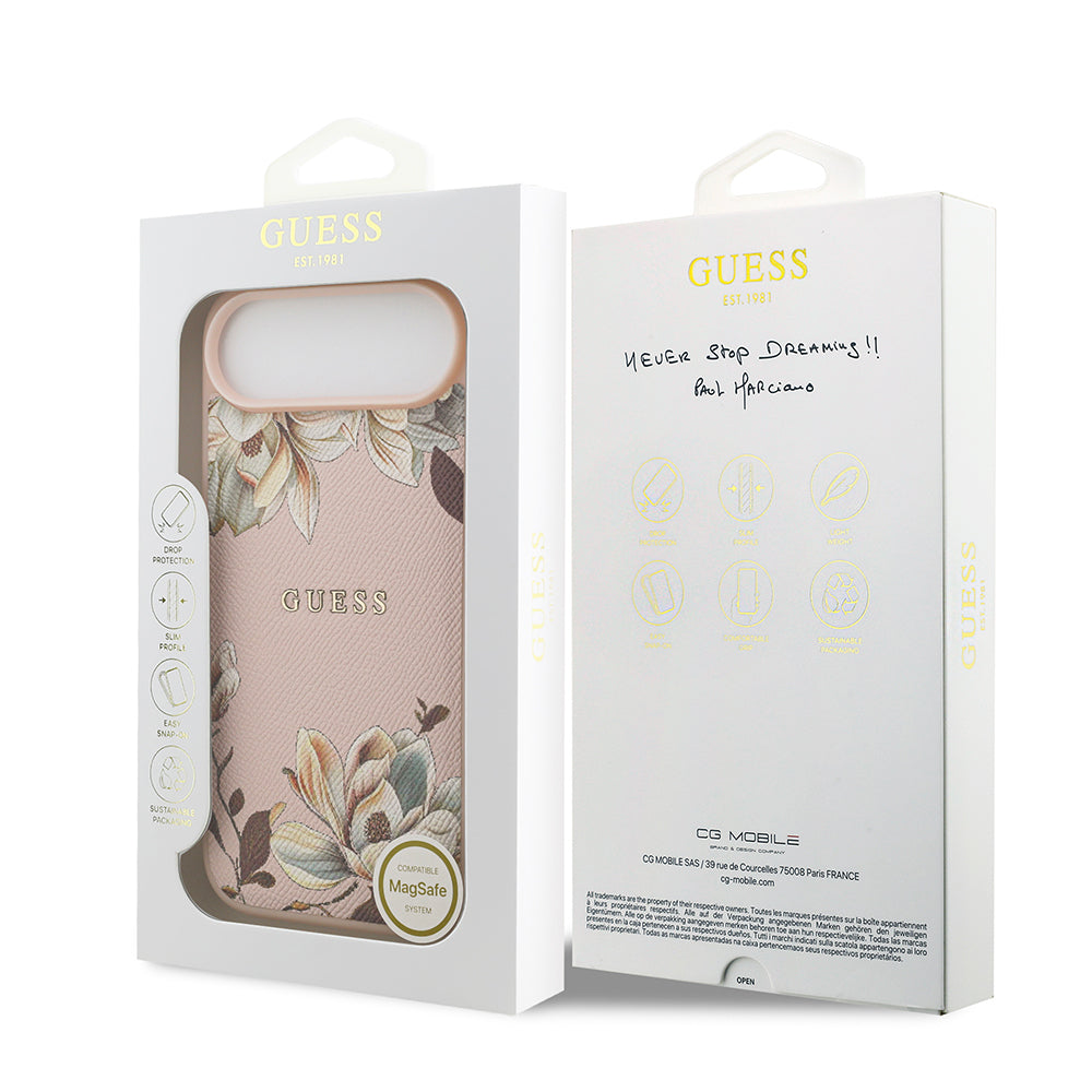 Guess iPhone 17 Air Orjinal Lisanslı M-safe Şarj Özellikli Taneli Çiçek Tasarımlı Metal Yazı Logolu Kılıf