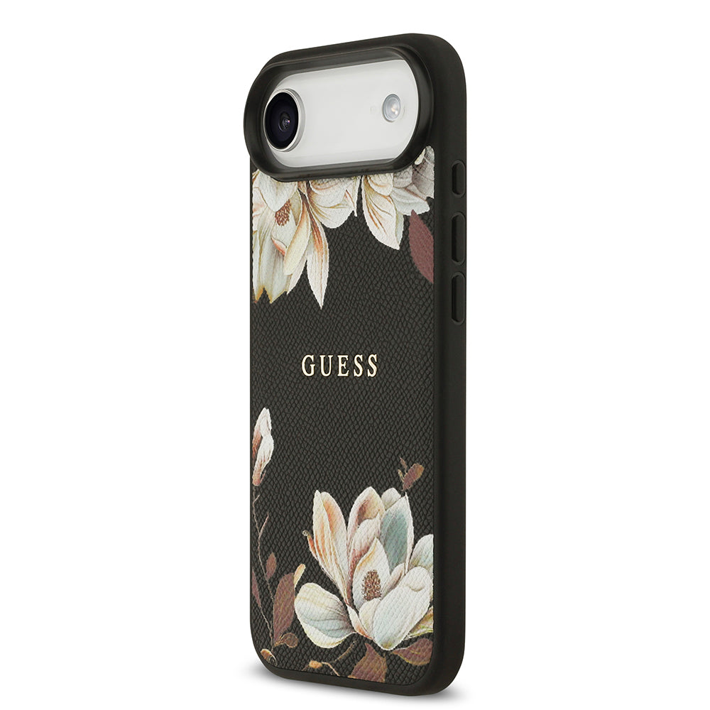 Guess iPhone 17 Air Orjinal Lisanslı M-safe Şarj Özellikli Taneli Çiçek Tasarımlı Metal Yazı Logolu Kılıf