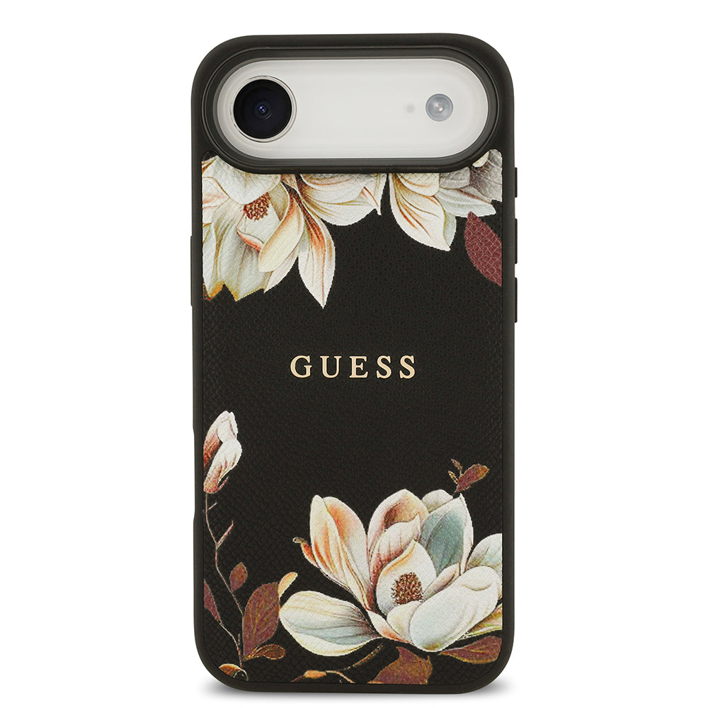 Guess iPhone 17 Air Orjinal Lisanslı M-safe Şarj Özellikli Taneli Çiçek Tasarımlı Metal Yazı Logolu Kılıf