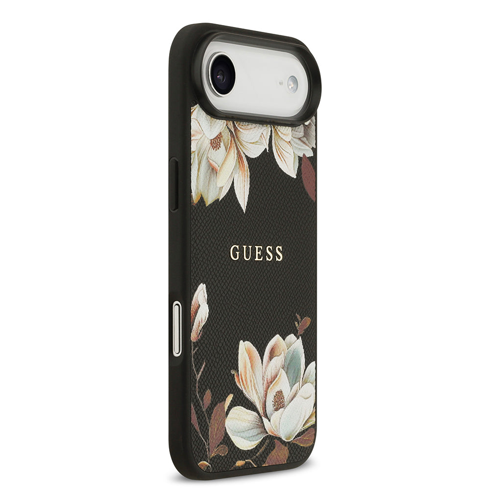 Guess iPhone 17 Air Orjinal Lisanslı M-safe Şarj Özellikli Taneli Çiçek Tasarımlı Metal Yazı Logolu Kılıf