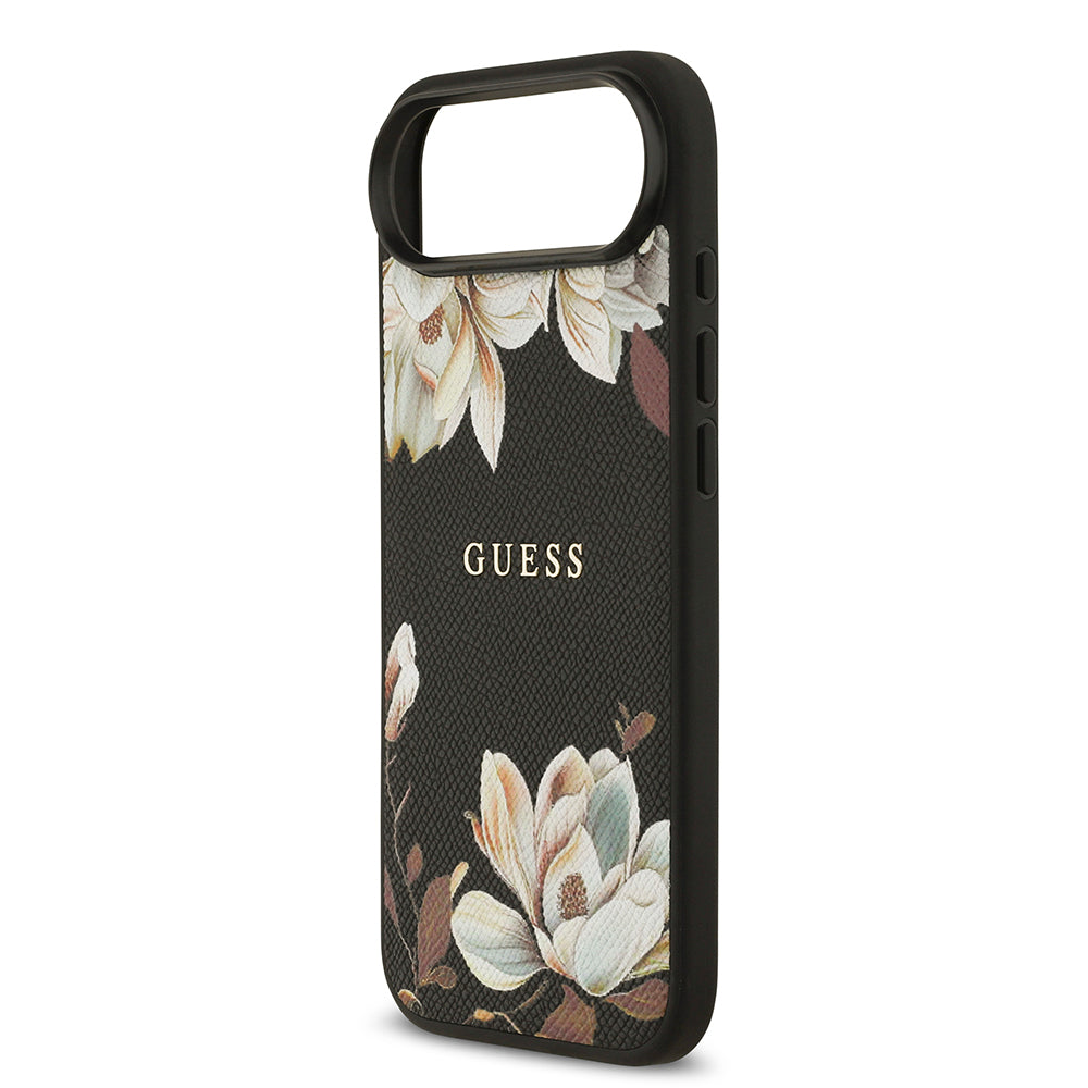Guess iPhone 17 Air Orjinal Lisanslı M-safe Şarj Özellikli Taneli Çiçek Tasarımlı Metal Yazı Logolu Kılıf