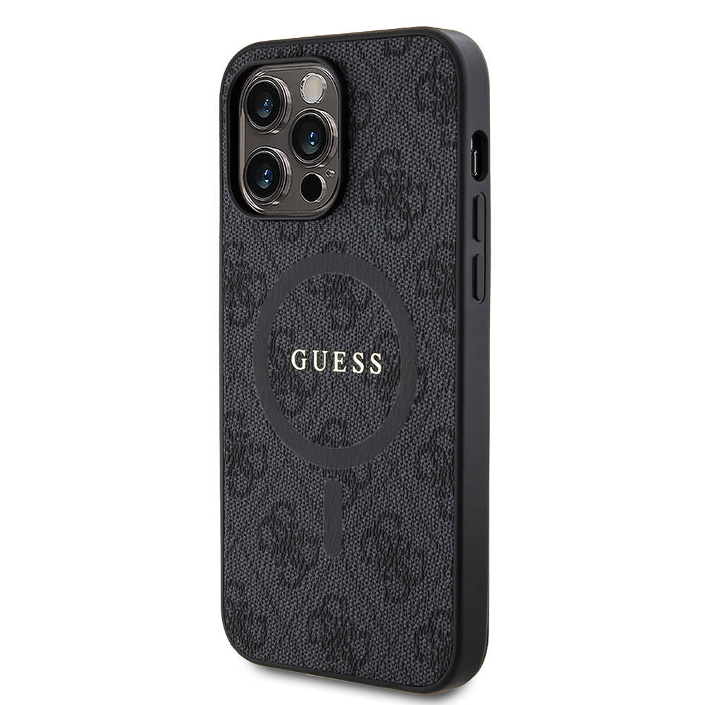 Guess iPhone 14 Pro Max Orjinal Lisanslı M-safe Şarj Özellikli PU Halkalı 4G Desenli Yazı Logolu Kılıf