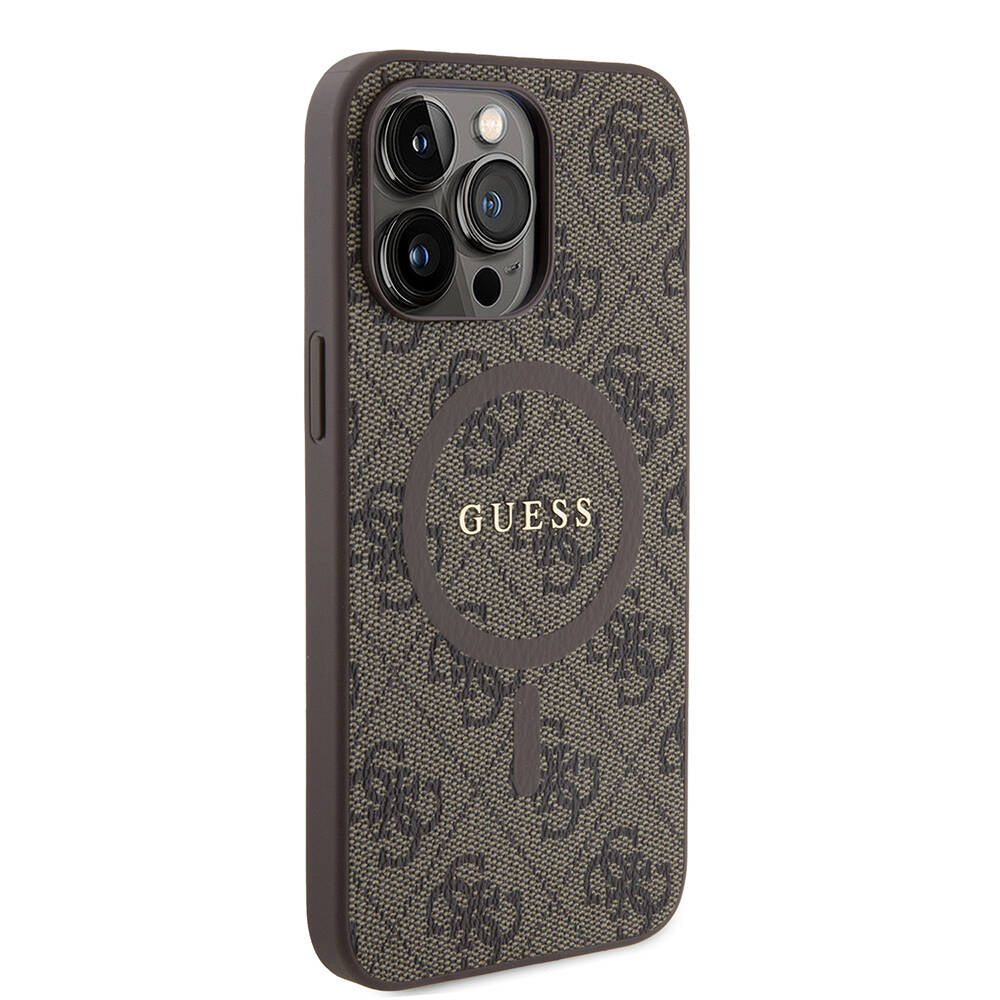 Guess iPhone 14 Pro Max Orjinal Lisanslı M-safe Şarj Özellikli PU Halkalı 4G Desenli Yazı Logolu Kılıf