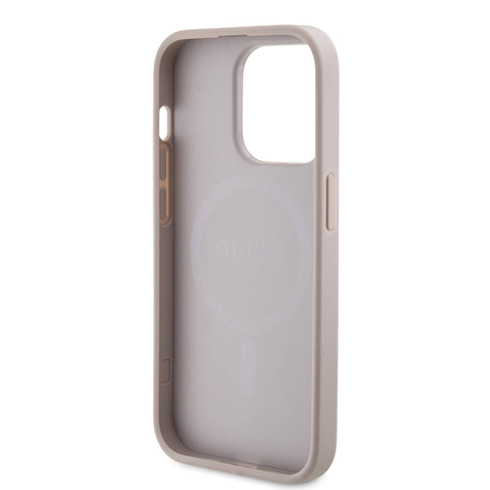 Guess iPhone 14 Pro Max Orjinal Lisanslı M-safe Şarj Özellikli PU Halkalı 4G Desenli Yazı Logolu Kılıf