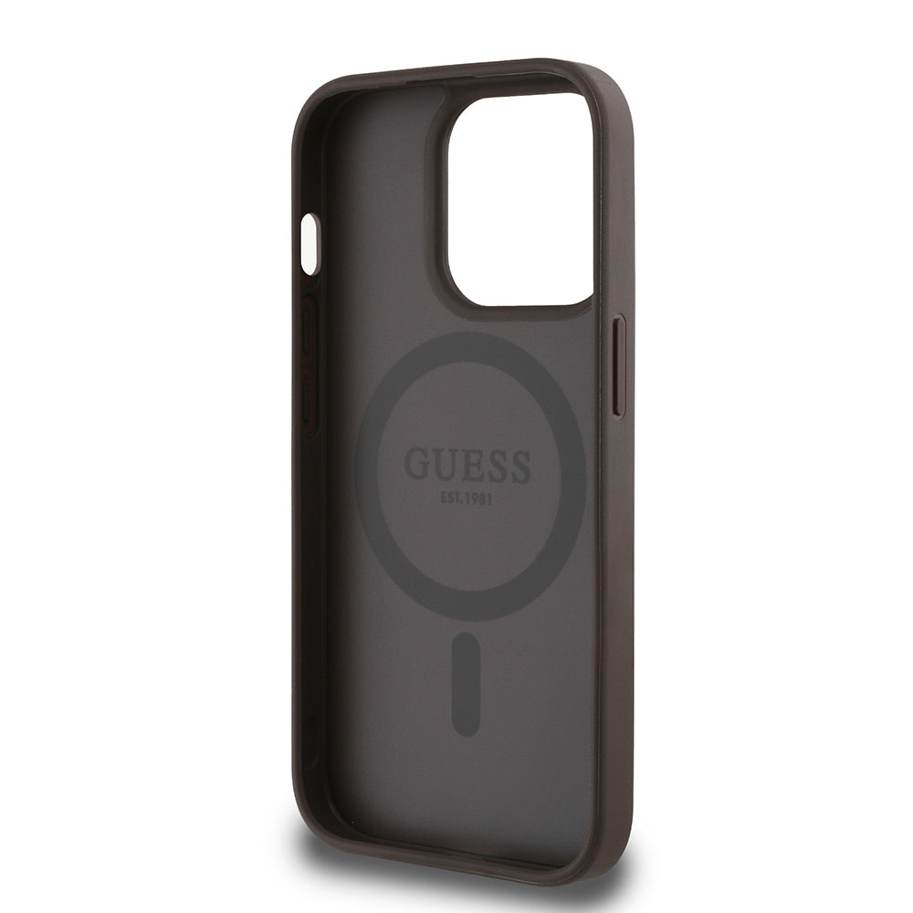 Guess iPhone 14 Pro Max Orjinal Lisanslı M-safe Şarj Özellikli Sıcak Baskılı Üçgen Logolu PU Deri Peony Kılıf