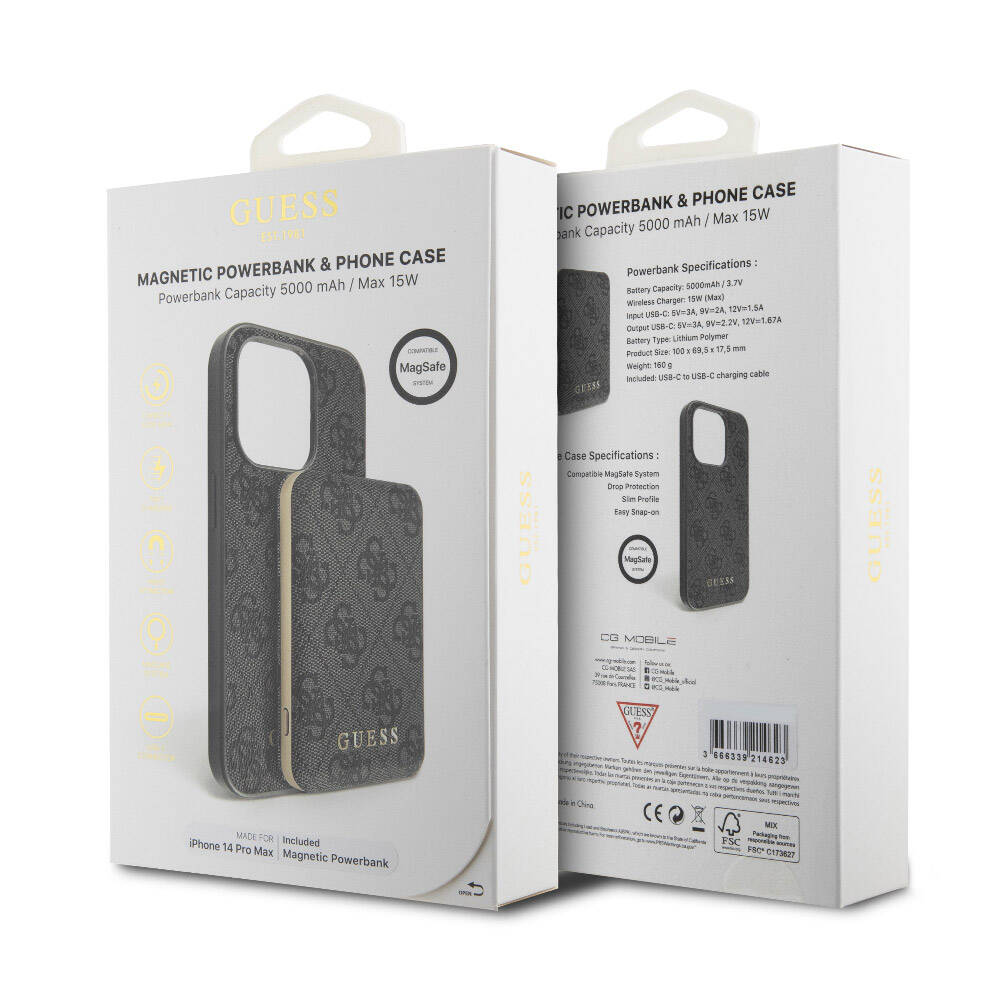 Guess iPhone 14 Pro Max Orjinal Lisanslı Magsafe Şarj Özellikli Yazı Logolu 4G Desenli Telefon Kılıfı + Powerbank 5000mAh 2in1 Set - 12