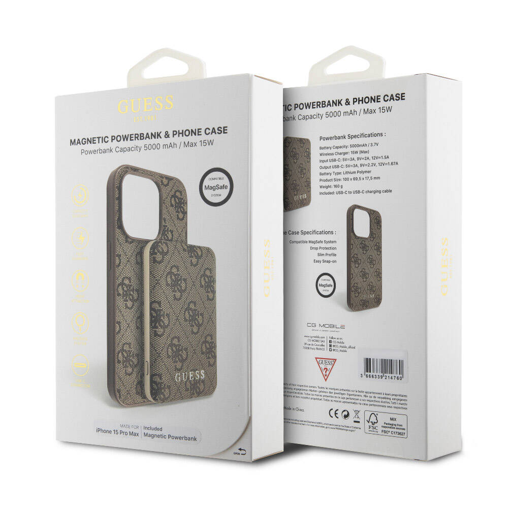 Guess iPhone 14 Pro Max Orjinal Lisanslı Magsafe Şarj Özellikli Yazı Logolu 4G Desenli Telefon Kılıfı + Powerbank 5000mAh 2in1 Set - 23