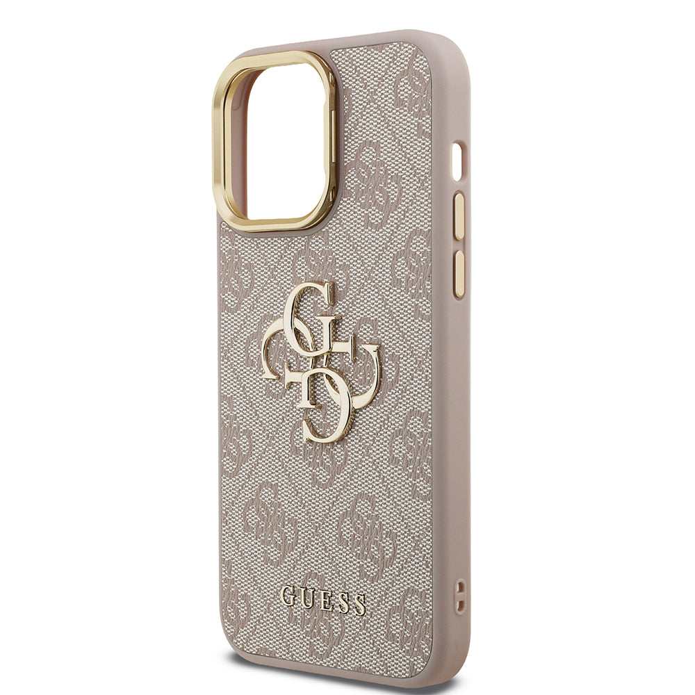 Guess iPhone 14 Pro Max Orjinal Lisanslı PU Deri 4G Desenli Metal Büyük 4G ve Yazı Logolu Kamera Standlı Kılıf