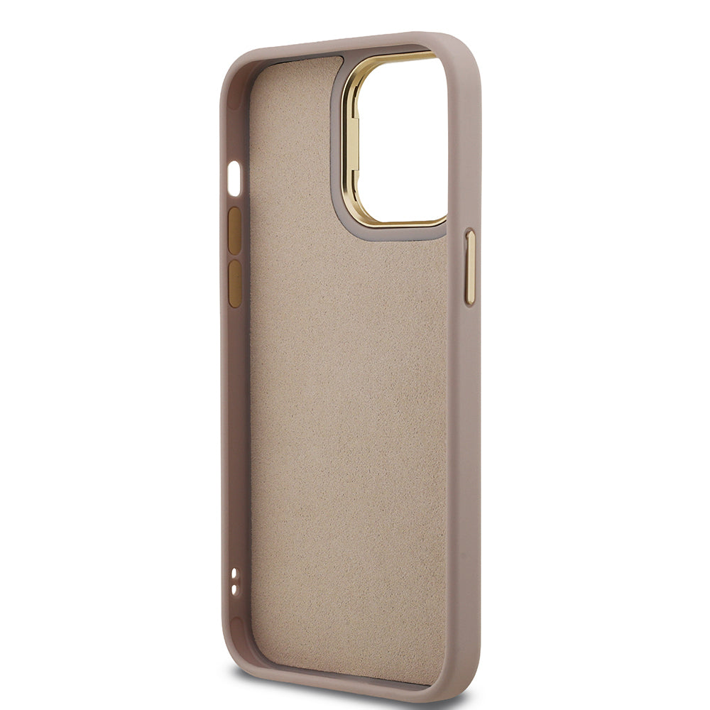 Guess iPhone 14 Pro Max Orjinal Lisanslı PU Deri 4G Desenli Metal Büyük 4G ve Yazı Logolu Kamera Standlı Kılıf