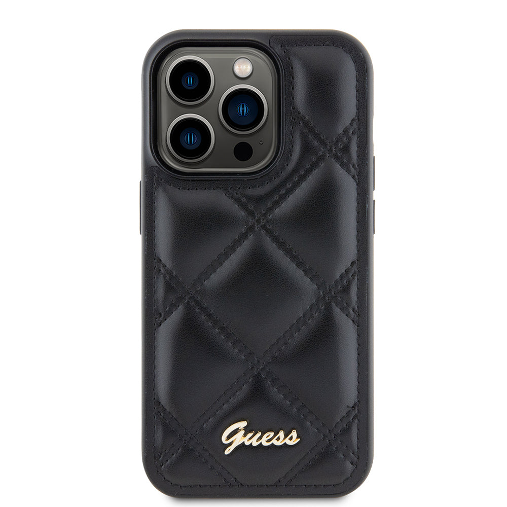 Guess iPhone 14 Pro Max Orjinal Lisanslı PU Deri Metal Yazı Logolu Kapitone Kılıf