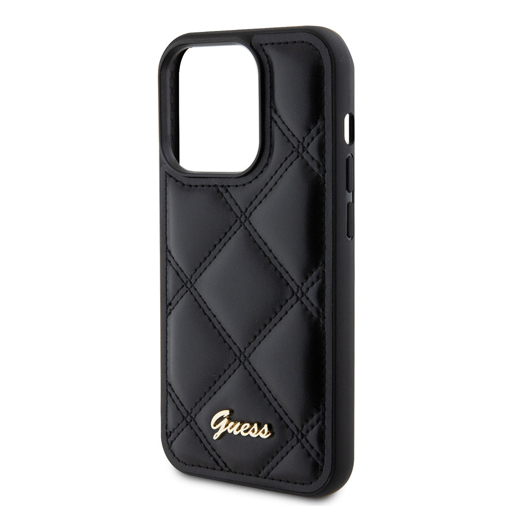 Guess iPhone 14 Pro Max Orjinal Lisanslı PU Deri Metal Yazı Logolu Kapitone Kılıf