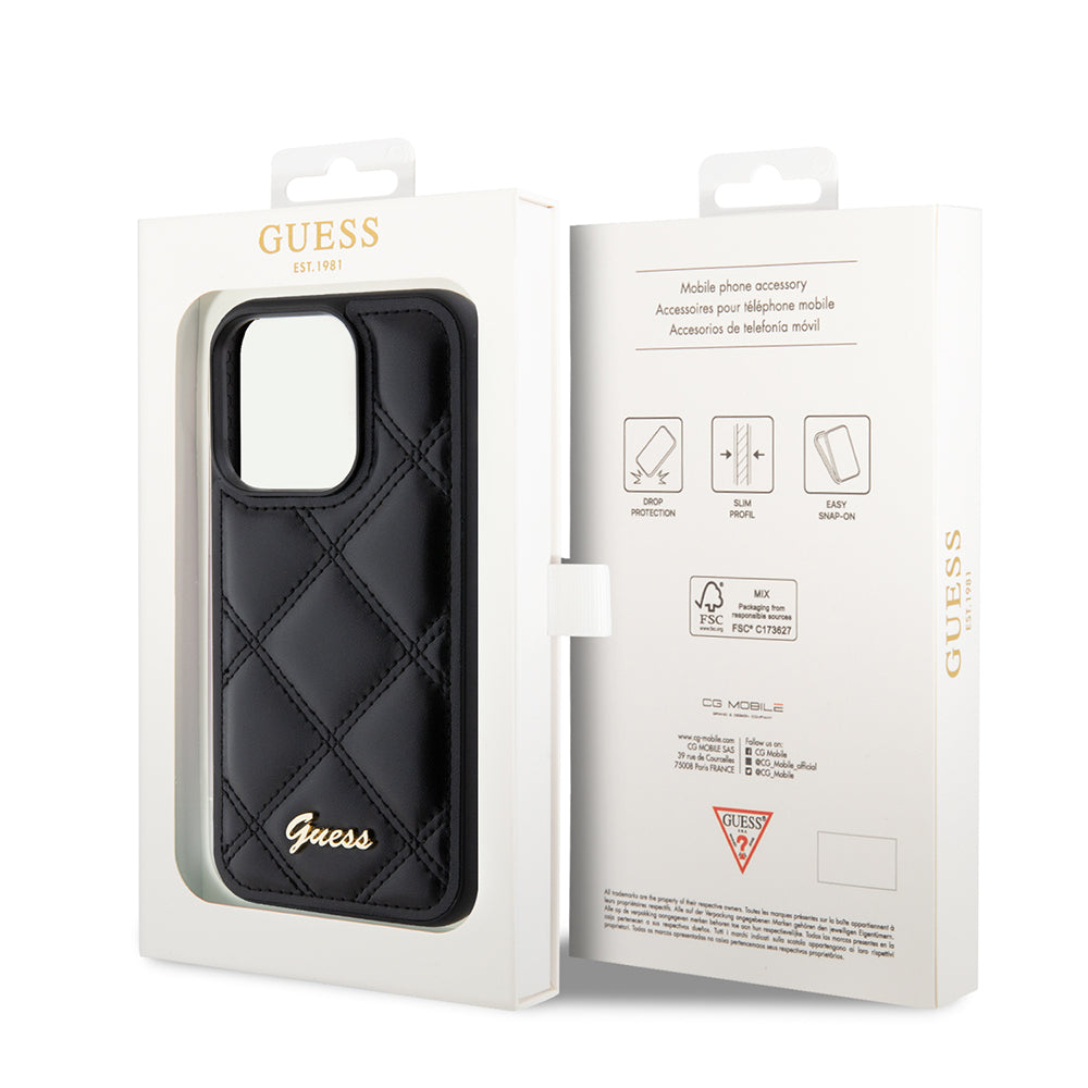 Guess iPhone 14 Pro Max Orjinal Lisanslı PU Deri Metal Yazı Logolu Kapitone Kılıf
