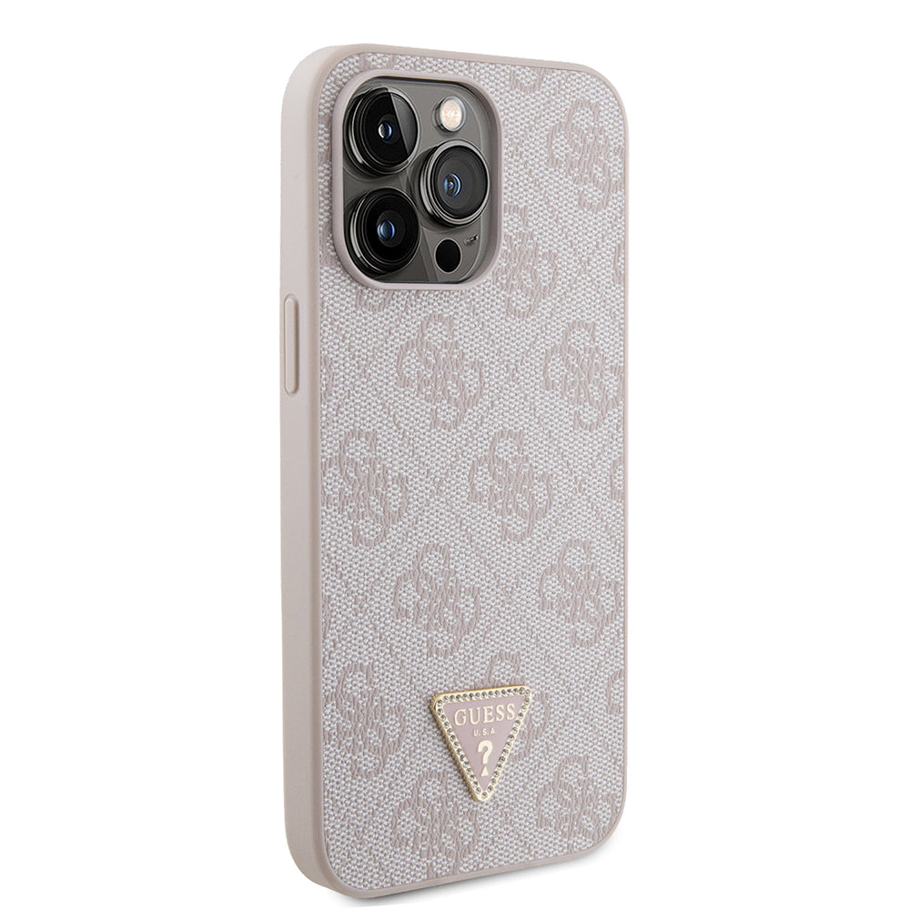 Guess iPhone 14 Pro Max Orjinal Lisanslı PU Deri Taşlı Metal Üçgen Logolu Çapraz Vücut Askılı 4G Desenli Kılıf