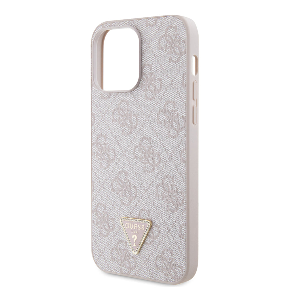 Guess iPhone 14 Pro Max Orjinal Lisanslı PU Deri Taşlı Metal Üçgen Logolu Çapraz Vücut Askılı 4G Desenli Kılıf