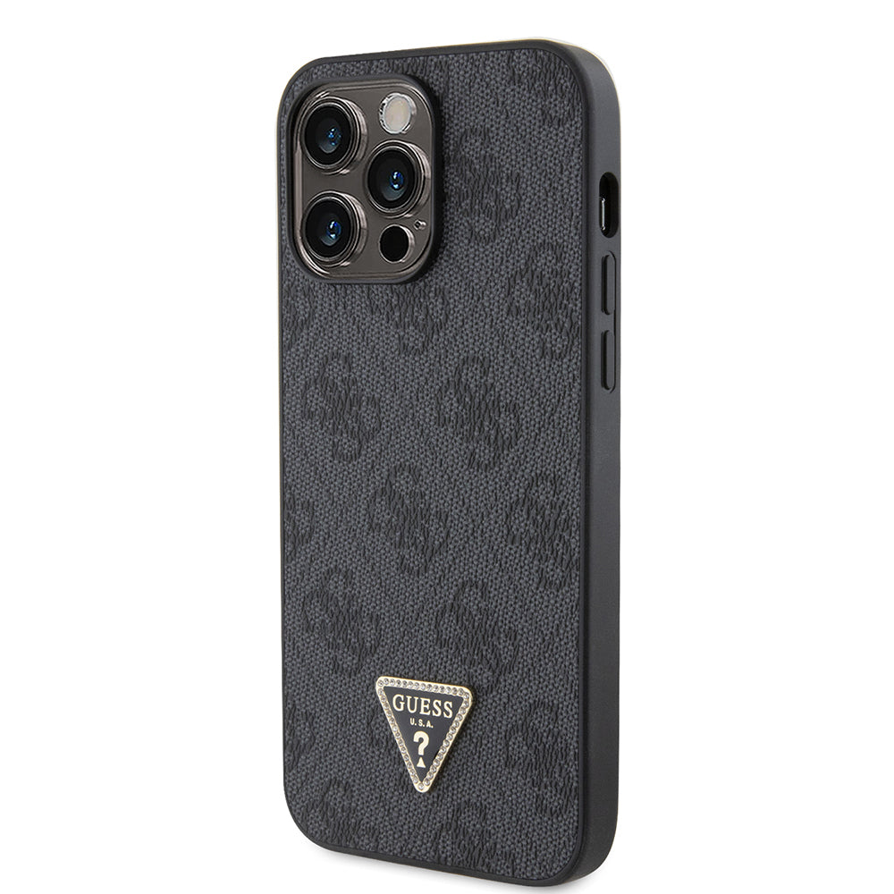 Guess iPhone 14 Pro Max Orjinal Lisanslı PU Deri Taşlı Metal Üçgen Logolu Çapraz Vücut Askılı 4G Desenli Kılıf