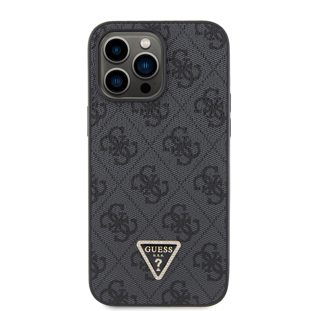 Guess iPhone 14 Pro Max Orjinal Lisanslı PU Deri Taşlı Metal Üçgen Logolu Çapraz Vücut Askılı 4G Desenli Kılıf