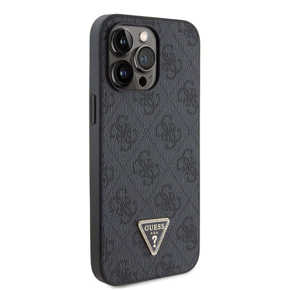 Guess iPhone 14 Pro Max Orjinal Lisanslı PU Deri Taşlı Metal Üçgen Logolu Çapraz Vücut Askılı 4G Desenli Kılıf