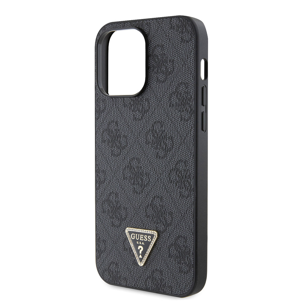 Guess iPhone 14 Pro Max Orjinal Lisanslı PU Deri Taşlı Metal Üçgen Logolu Çapraz Vücut Askılı 4G Desenli Kılıf