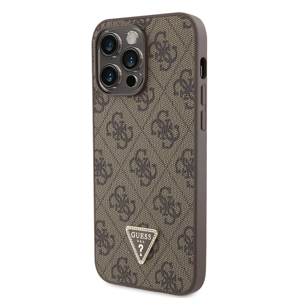 Guess iPhone 14 Pro Max Orjinal Lisanslı PU Deri Taşlı Metal Üçgen Logolu Çapraz Vücut Askılı 4G Desenli Kılıf