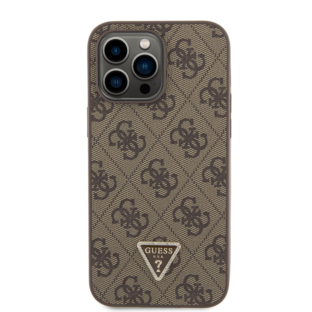 Guess iPhone 14 Pro Max Orjinal Lisanslı PU Deri Taşlı Metal Üçgen Logolu Çapraz Vücut Askılı 4G Desenli Kılıf