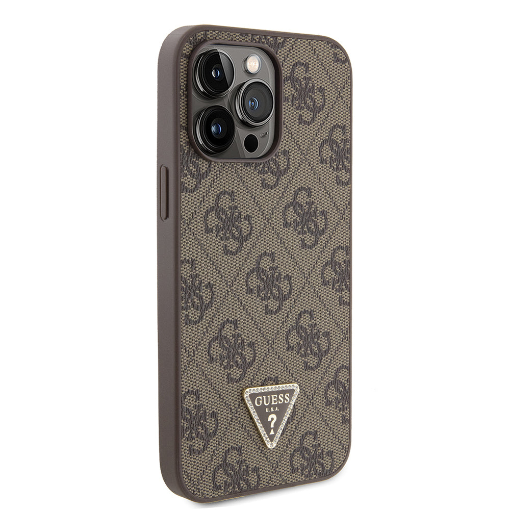Guess iPhone 14 Pro Max Orjinal Lisanslı PU Deri Taşlı Metal Üçgen Logolu Çapraz Vücut Askılı 4G Desenli Kılıf