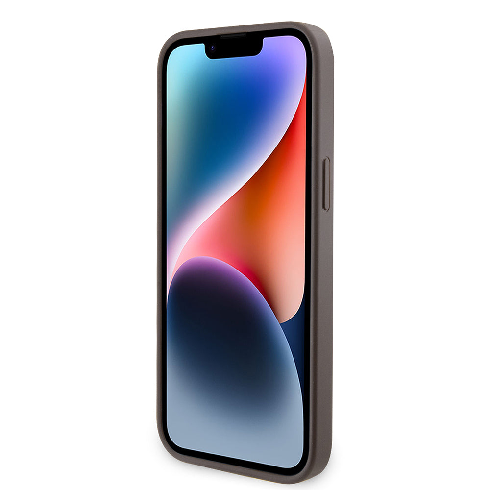 Guess iPhone 14 Pro Max Orjinal Lisanslı PU Deri Taşlı Metal Üçgen Logolu Çapraz Vücut Askılı 4G Desenli Kılıf