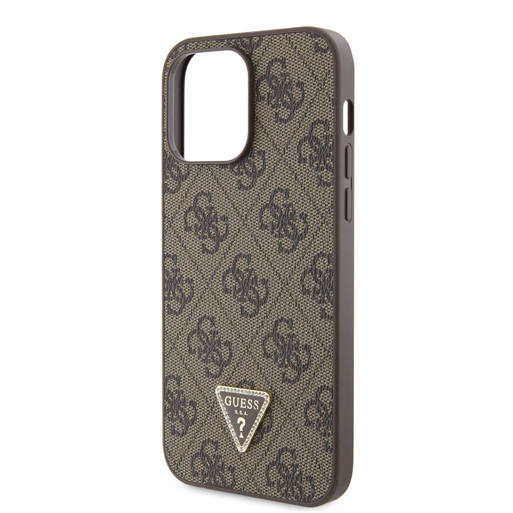 Guess iPhone 14 Pro Max Orjinal Lisanslı PU Deri Taşlı Metal Üçgen Logolu Çapraz Vücut Askılı 4G Desenli Kılıf