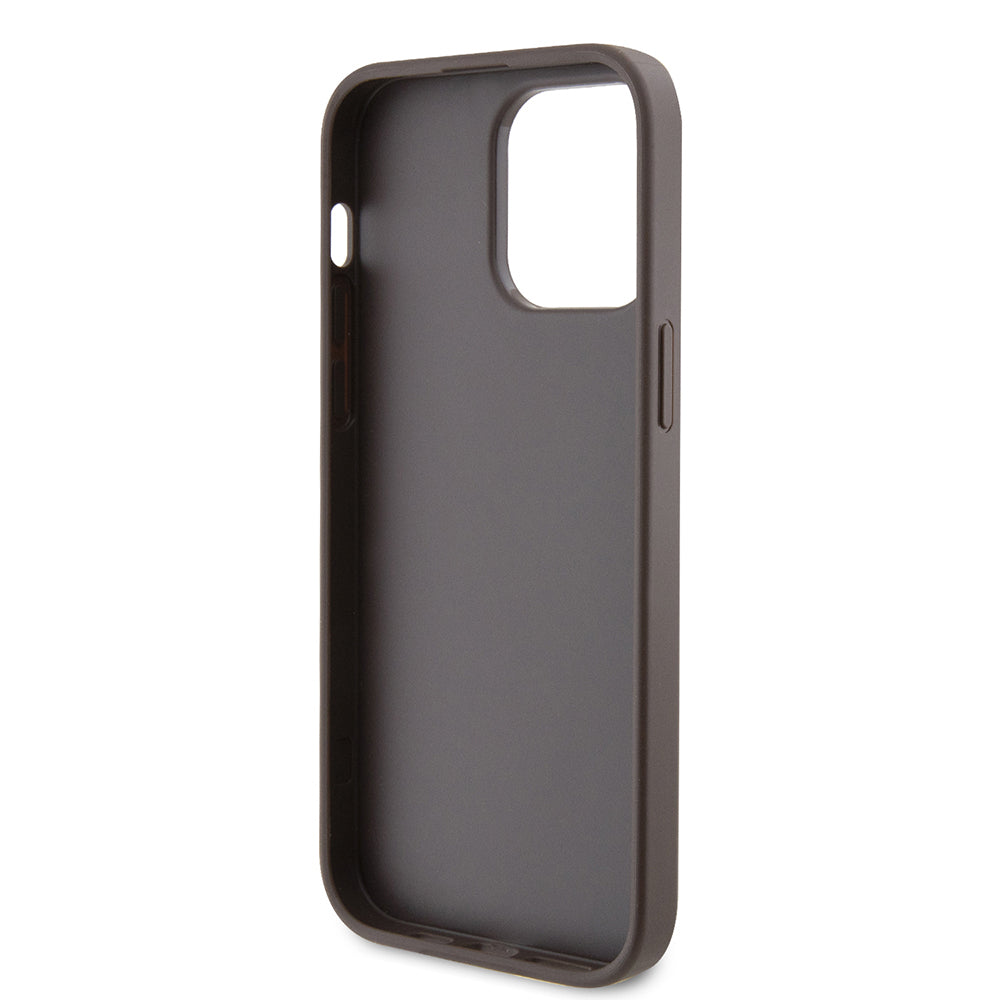 Guess iPhone 14 Pro Max Orjinal Lisanslı PU Deri Taşlı Metal Üçgen Logolu Çapraz Vücut Askılı 4G Desenli Kılıf