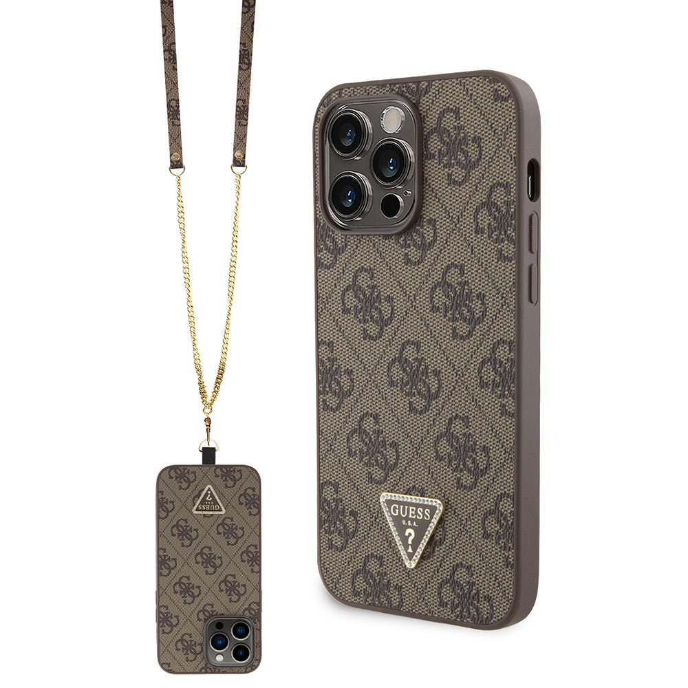 Guess iPhone 14 Pro Max Orjinal Lisanslı PU Deri Taşlı Metal Üçgen Logolu Çapraz Vücut Askılı 4G Desenli Kılıf