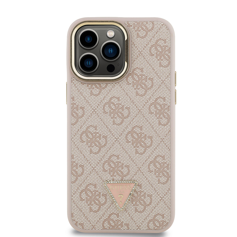 Guess iPhone 14 Pro Max Orjinal Lisanslı PU Deri Taşlı Üçgen Logo 4G Desenli Kamera Standlı Kılıf