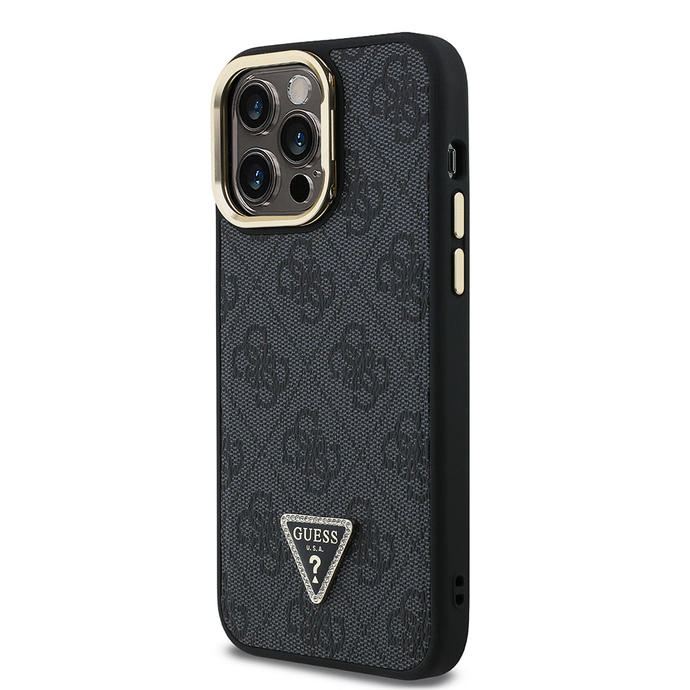 Guess iPhone 14 Pro Max Orjinal Lisanslı PU Deri Taşlı Üçgen Logo 4G Desenli Kamera Standlı Kılıf
