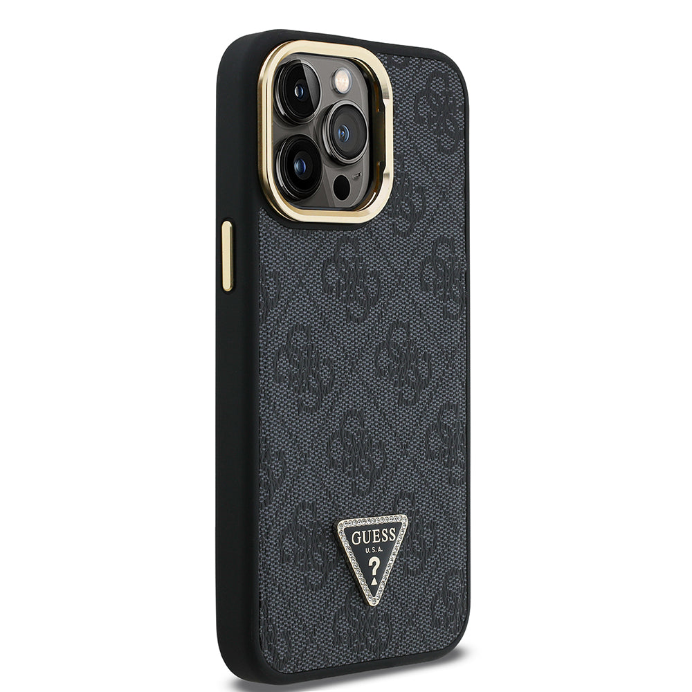Guess iPhone 14 Pro Max Orjinal Lisanslı PU Deri Taşlı Üçgen Logo 4G Desenli Kamera Standlı Kılıf