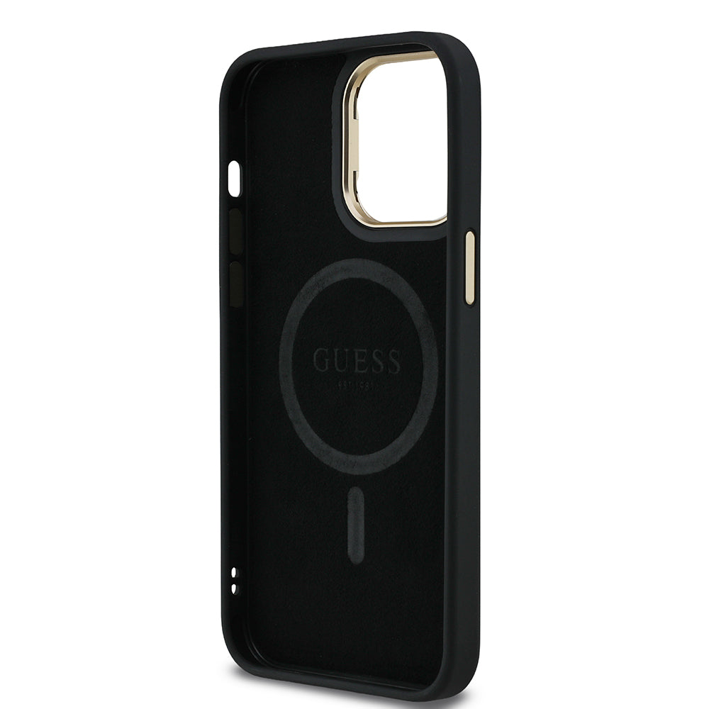 Guess iPhone 14 Pro Max Orjinal Lisanslı PU Deri Taşlı Üçgen Logo 4G Desenli Kamera Standlı Kılıf