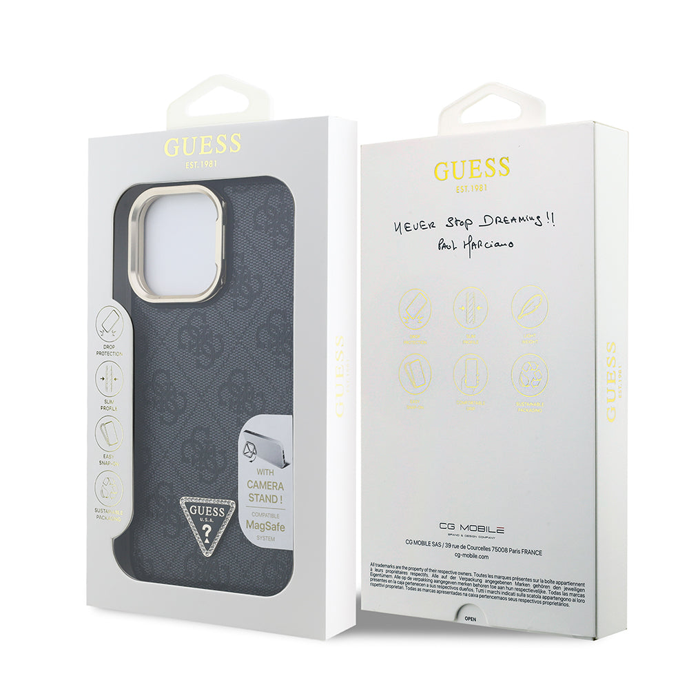 Guess iPhone 14 Pro Max Orjinal Lisanslı PU Deri Taşlı Üçgen Logo 4G Desenli Kamera Standlı Kılıf