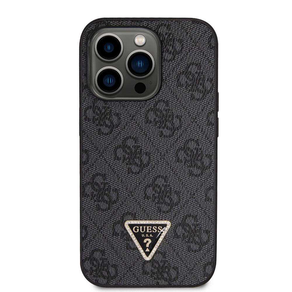 Guess iPhone 14 Pro Max Orjinal Lisanslı PU Deri Taşlı Üçgen Logo 4G Desenli Telefon Kılıfı - 3