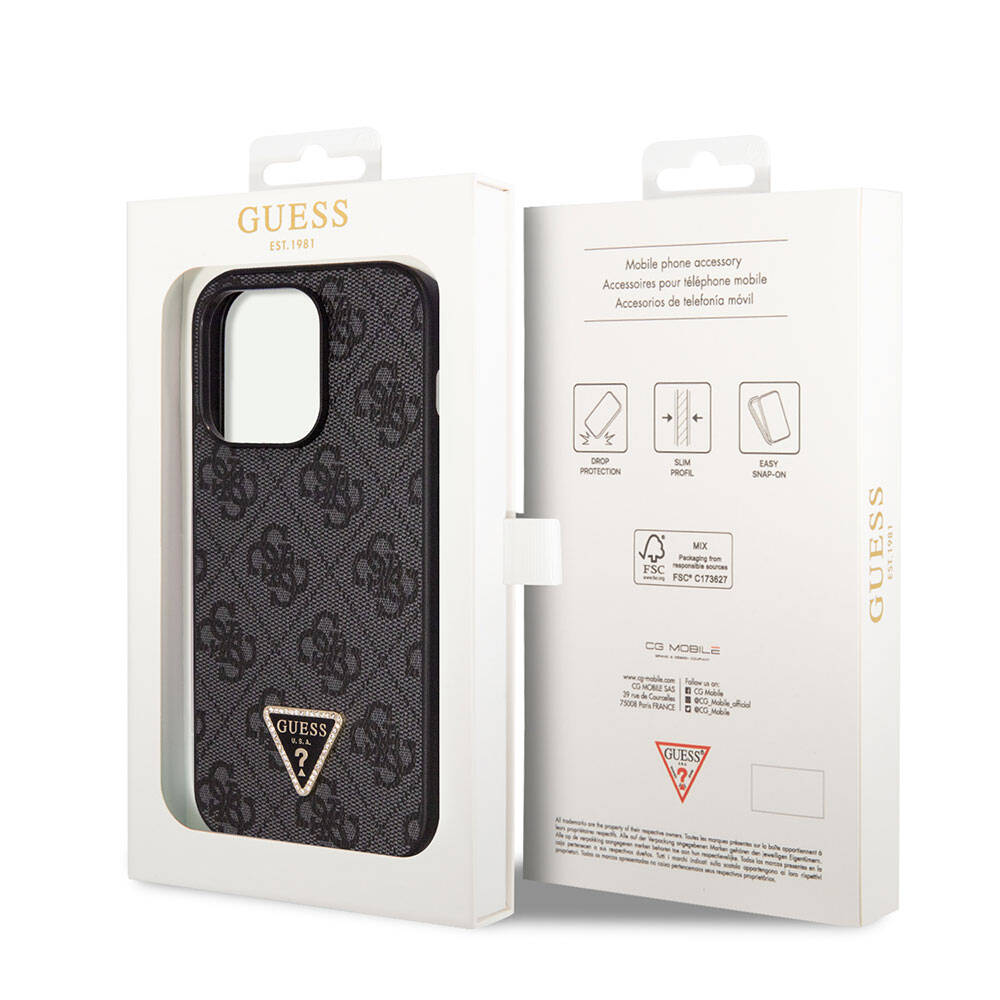 Guess iPhone 14 Pro Max Orjinal Lisanslı PU Deri Taşlı Üçgen Logo 4G Desenli Telefon Kılıfı - 7