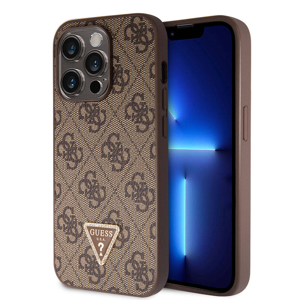 Guess iPhone 14 Pro Max Orjinal Lisanslı PU Deri Taşlı Üçgen Logo 4G Desenli Telefon Kılıfı - 8