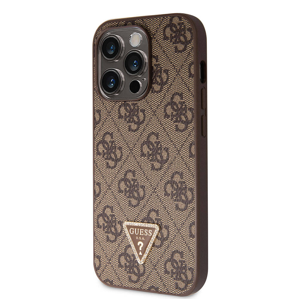 Guess iPhone 14 Pro Max Orjinal Lisanslı PU Deri Taşlı Üçgen Logo 4G Desenli Telefon Kılıfı - 9
