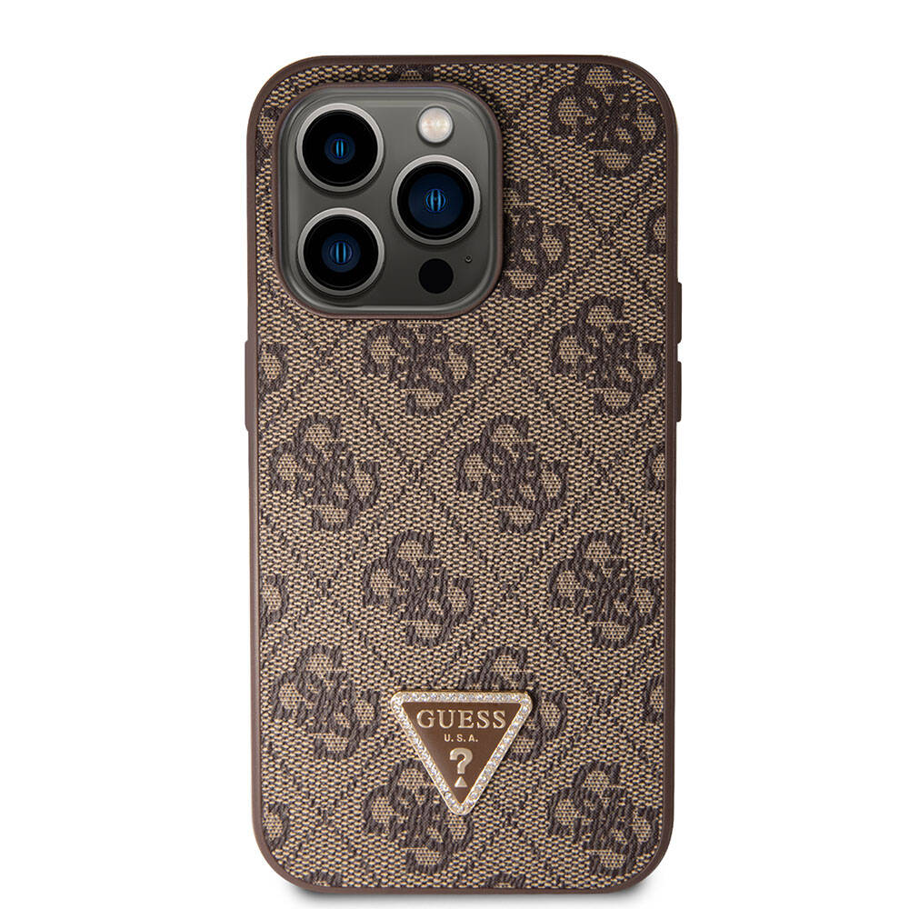 Guess iPhone 14 Pro Max Orjinal Lisanslı PU Deri Taşlı Üçgen Logo 4G Desenli Telefon Kılıfı - 10