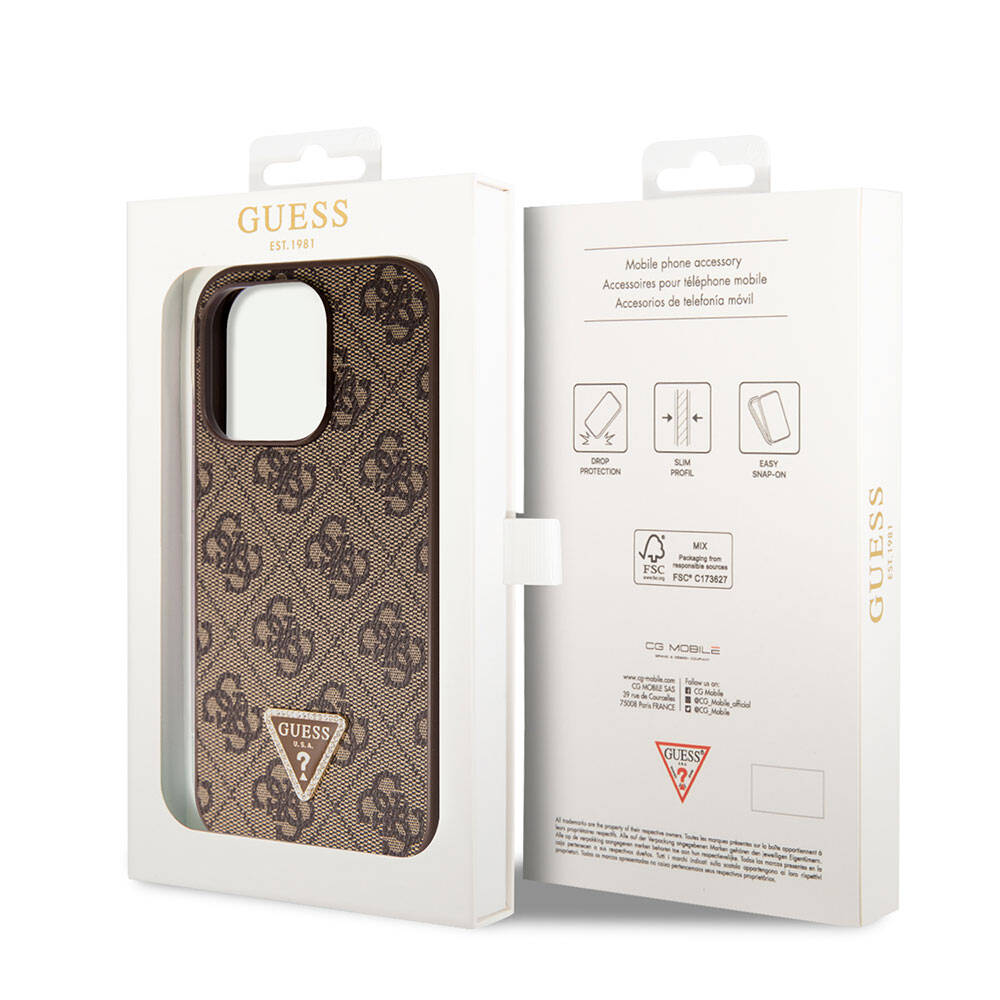 Guess iPhone 14 Pro Max Orjinal Lisanslı PU Deri Taşlı Üçgen Logo 4G Desenli Telefon Kılıfı - 14