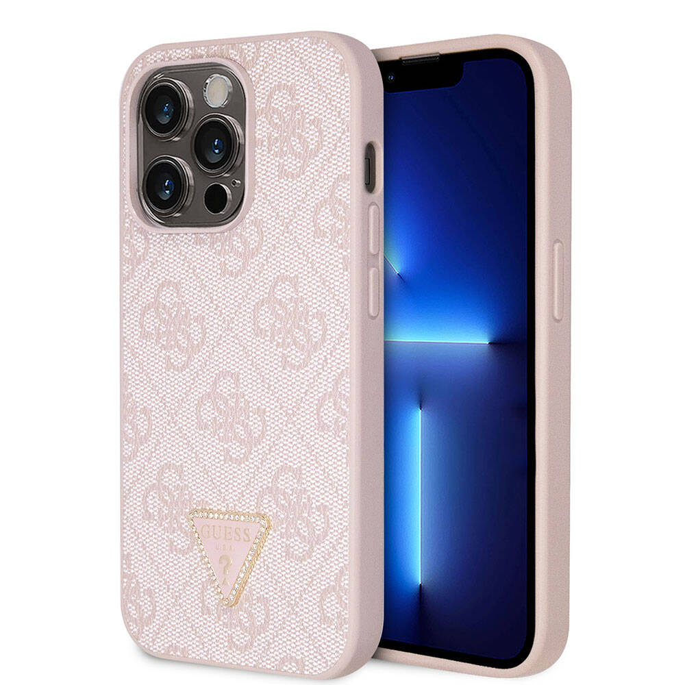 Guess iPhone 14 Pro Max Orjinal Lisanslı PU Deri Taşlı Üçgen Logo 4G Desenli Telefon Kılıfı - 15