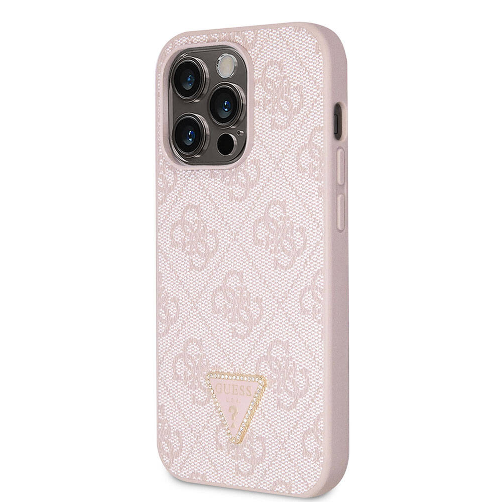 Guess iPhone 14 Pro Max Orjinal Lisanslı PU Deri Taşlı Üçgen Logo 4G Desenli Telefon Kılıfı - 16