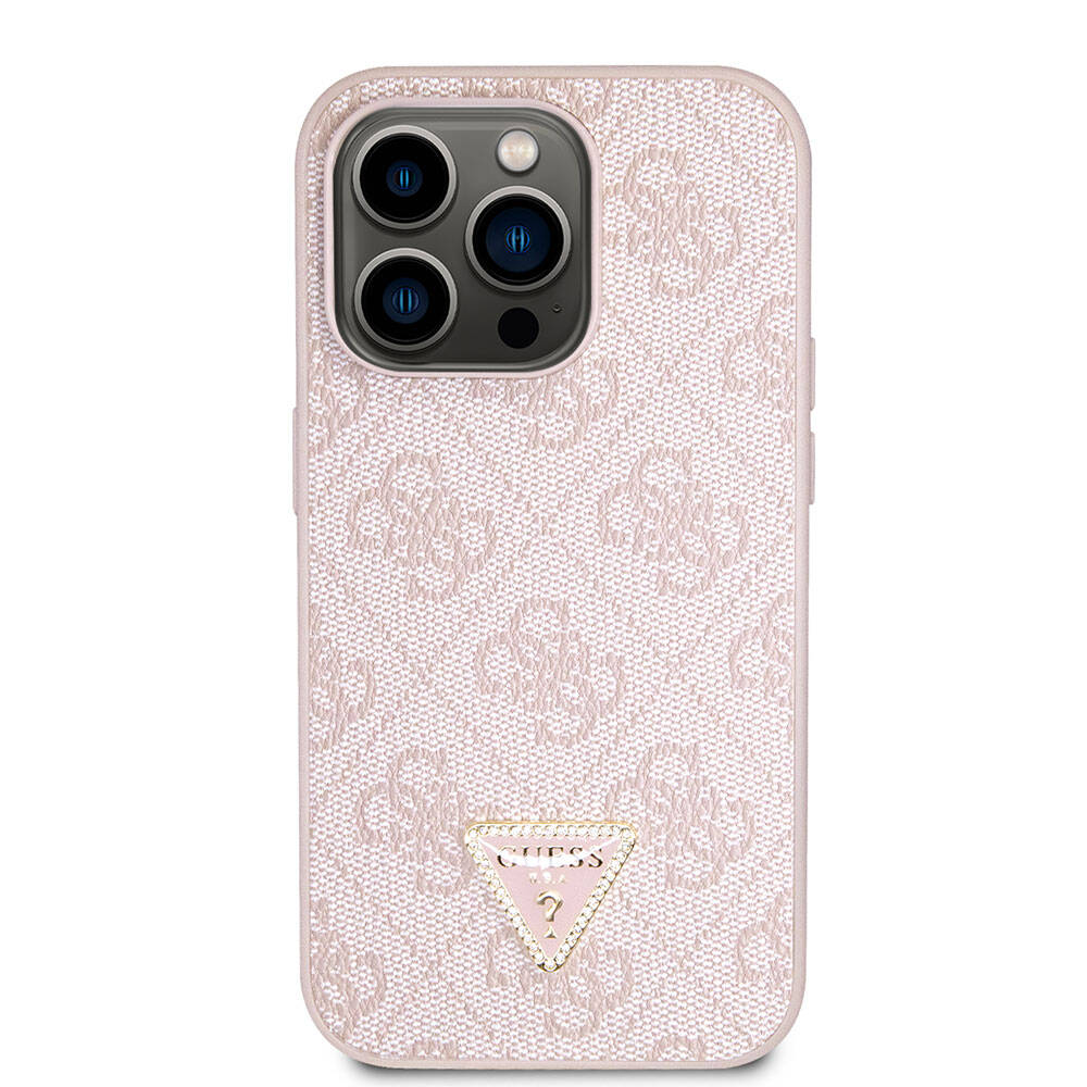Guess iPhone 14 Pro Max Orjinal Lisanslı PU Deri Taşlı Üçgen Logo 4G Desenli Telefon Kılıfı - 17